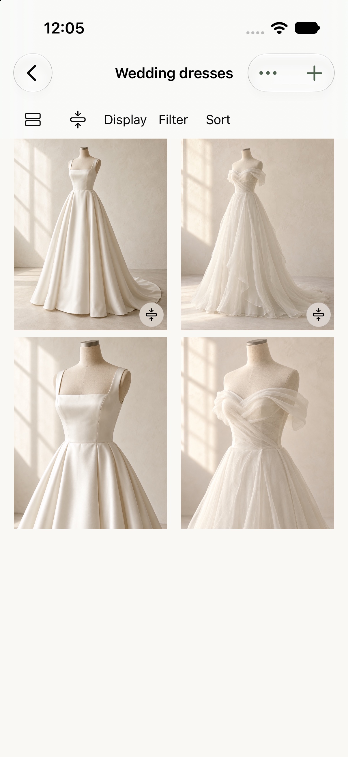 The Yes List app showing two wedding dresses side by side, with a matching neckline detail beneath each dress