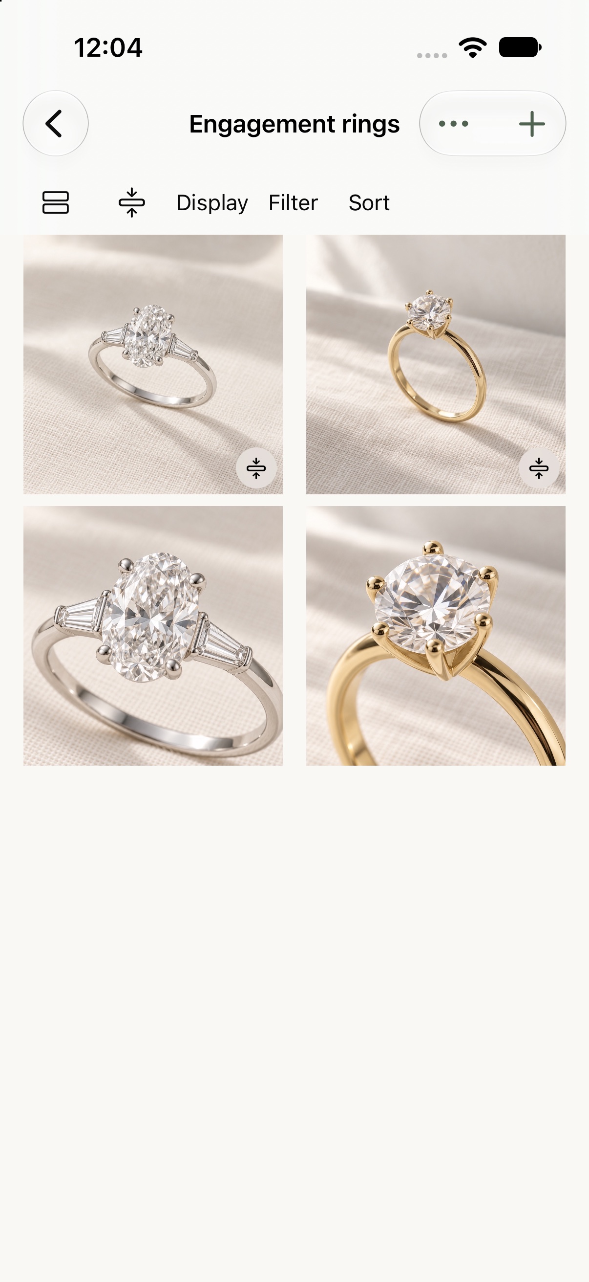The Yes List app showing two engagement rings side by side, with a matching close-up beneath each ring