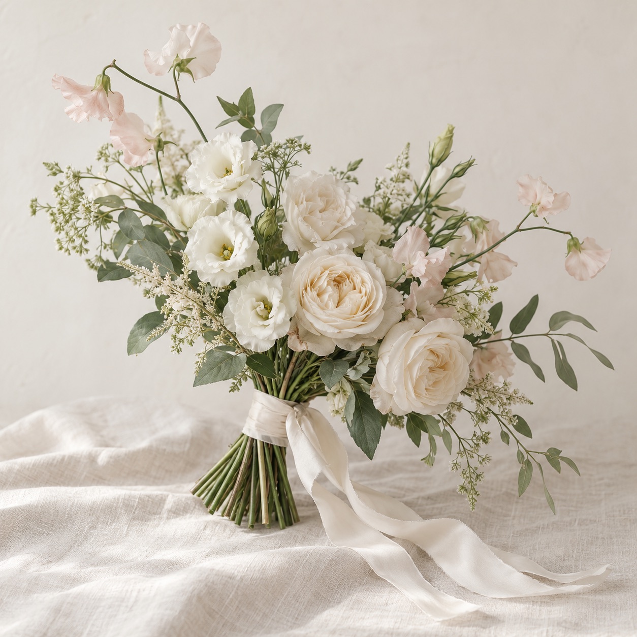 An airy, asymmetric bouquet with ivory blooms, a touch of blush and loose greenery. A softer shape with space between the stems.