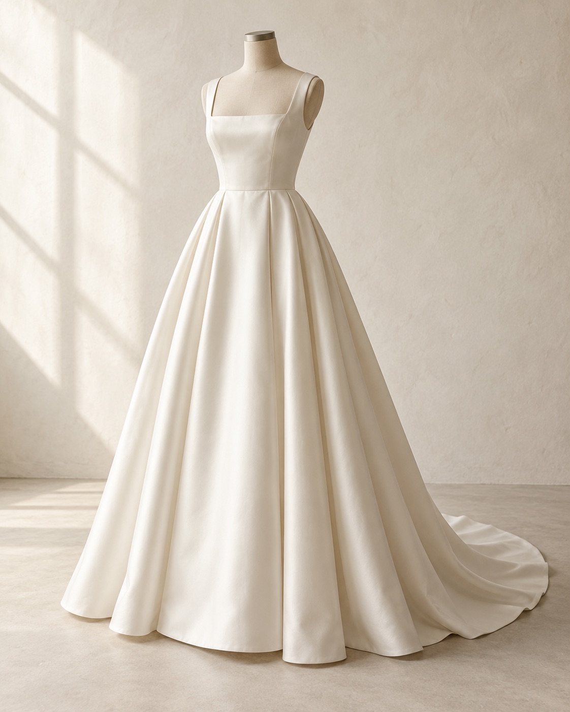 Fictional ivory satin wedding dress with a square neckline