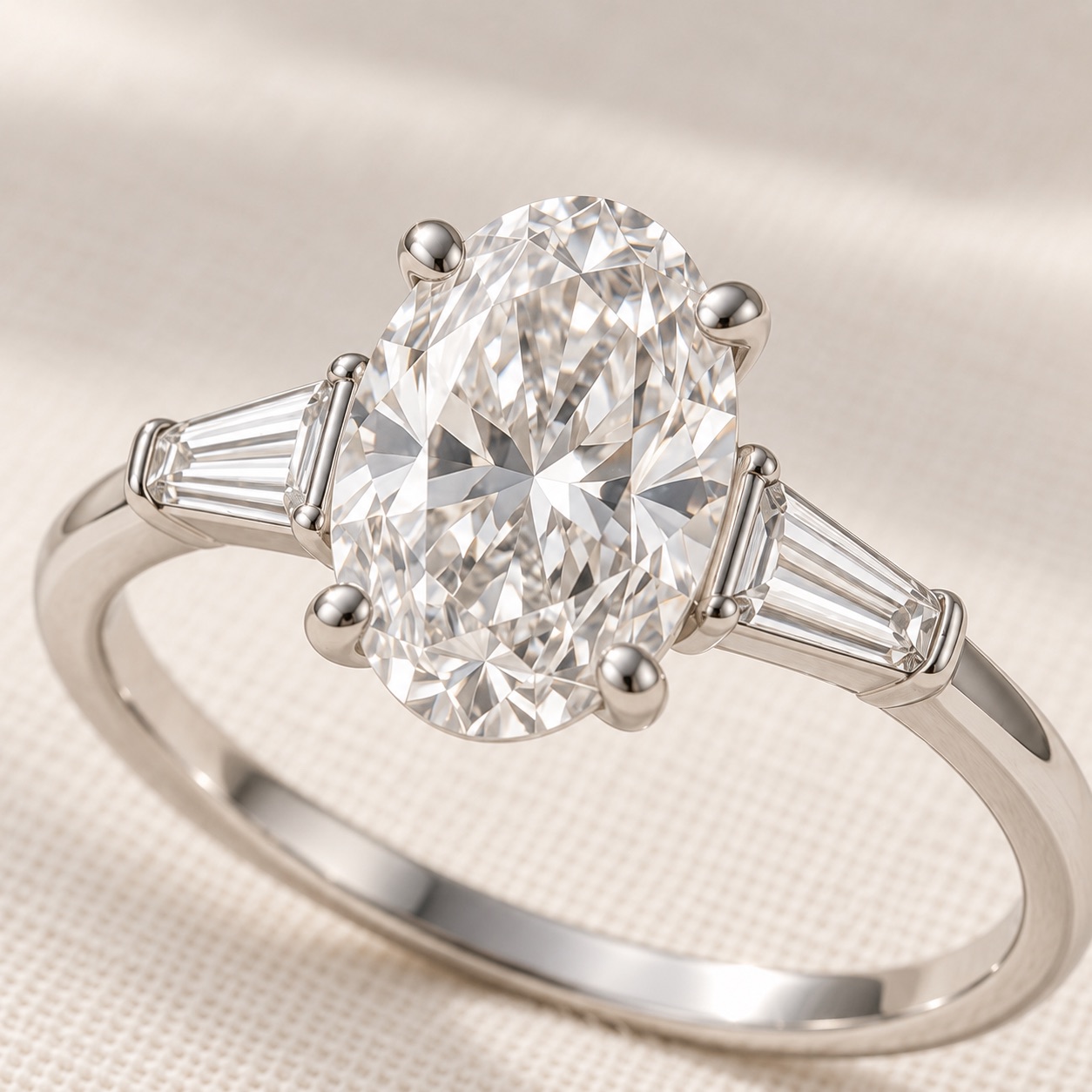 Close view of the fictional oval platinum ring and its tapered side stones